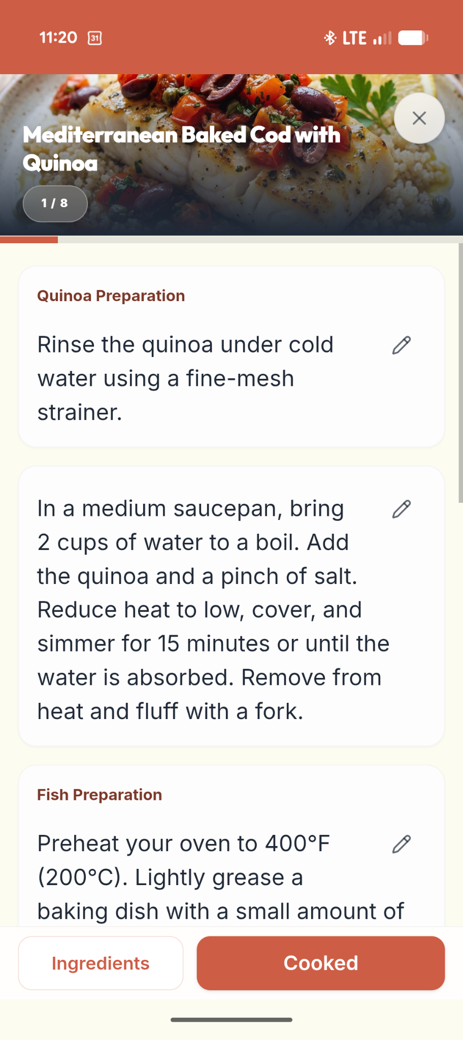 Cook’s Mode showing step-by-step instructions for Mediterranean baked cod with quinoa.