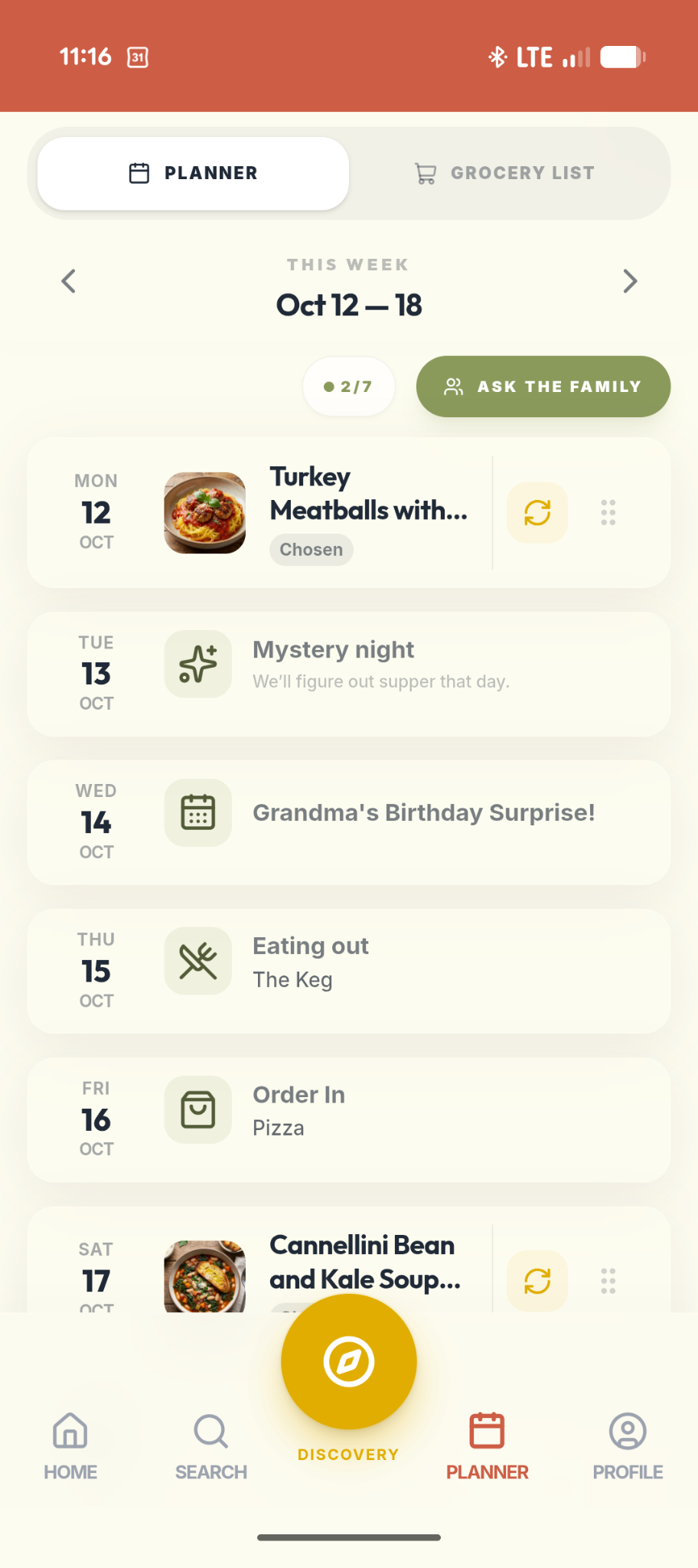 Weekly meal planner showing chosen recipes and an Ask the Family button.